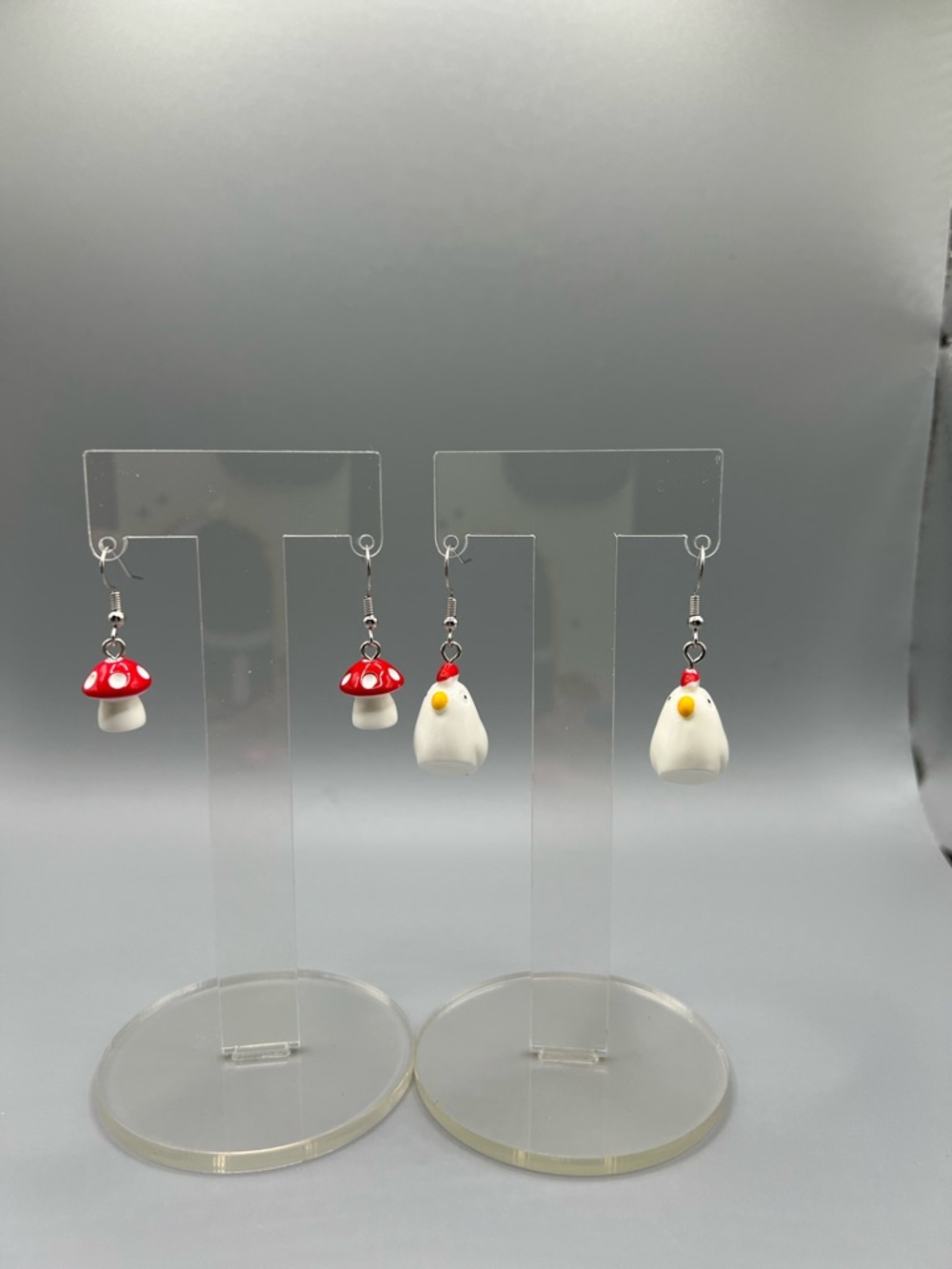 Cute Mushroom & Chicken Dangle Earrings - Handmade #E0220C